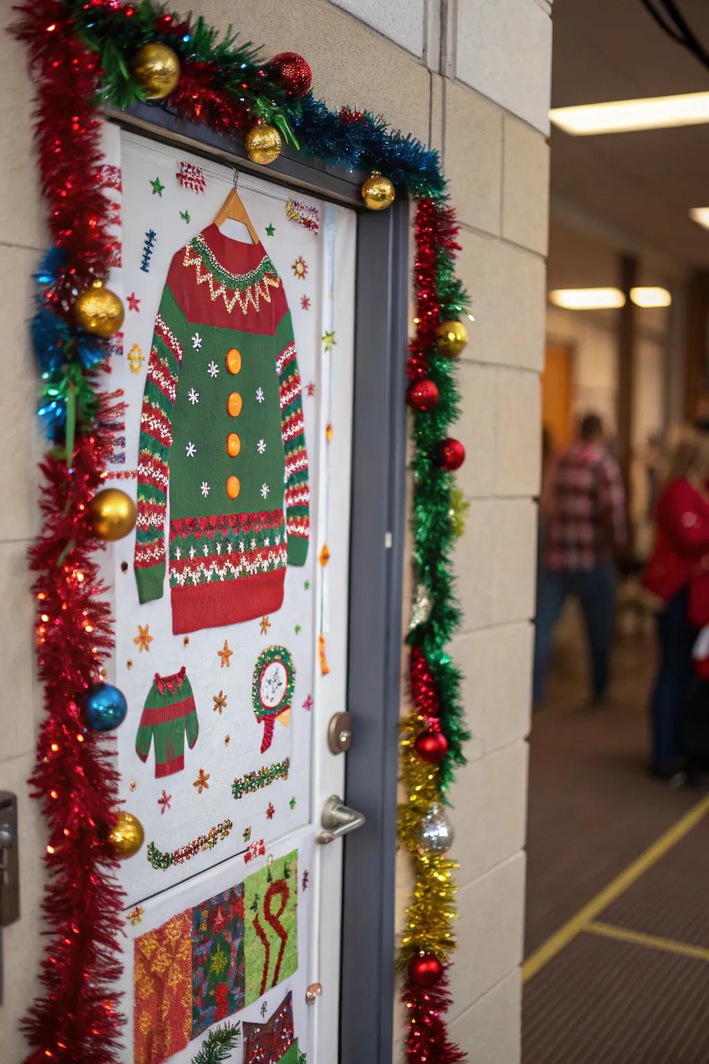 A door themed around an eccentric sweater imparts humor and holiday spirit to your home.