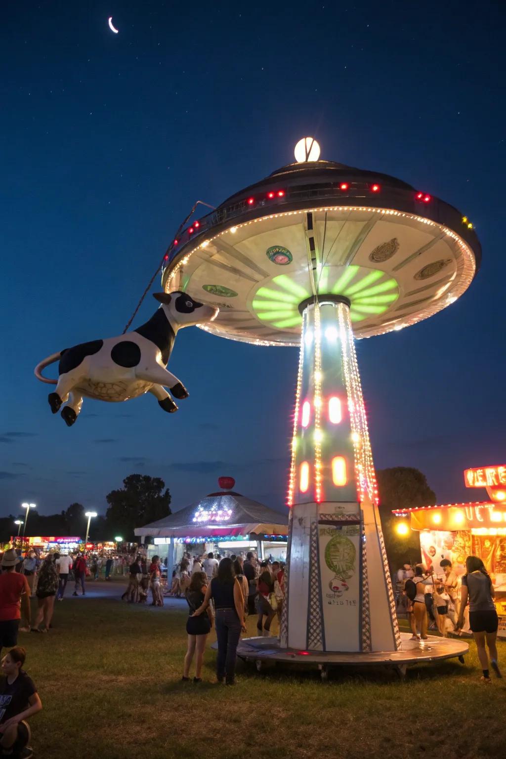 UFO totems with glowing lights add a whimsical touch to nighttime festivals.