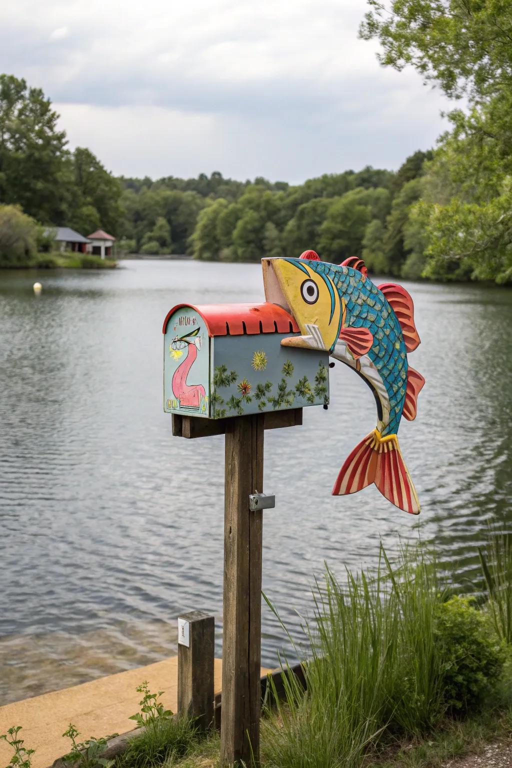 A striking fish-shaped mailbox suited for waterfront properties.
