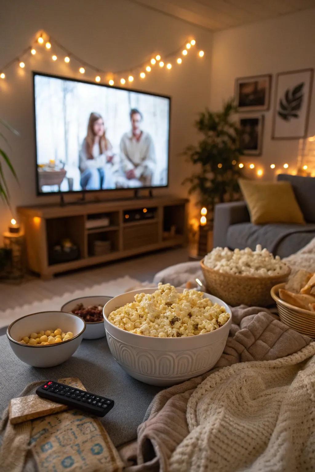 A cozy setup for a Galentine's Day movie marathon.