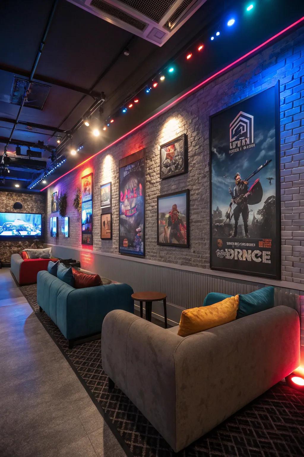 Gaming-themed decor that adds personality and flair to the lounge space.