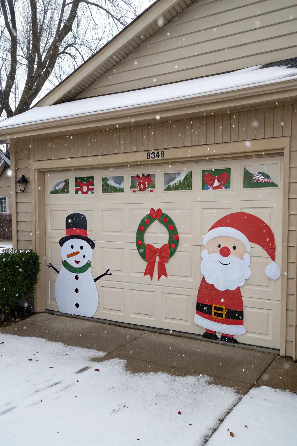 Garage door with playful Christmas character cutouts.