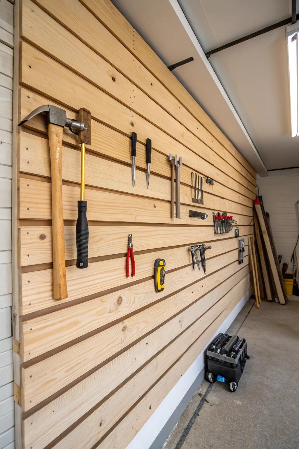 Wood panels add warmth and texture to garage spaces.