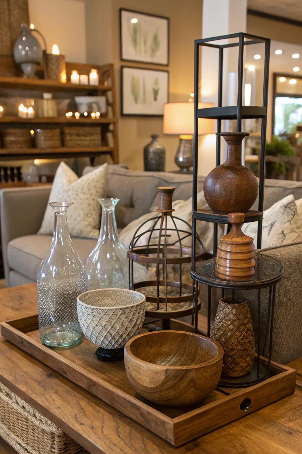 A stunning mix of glassware with wood and metal accents.