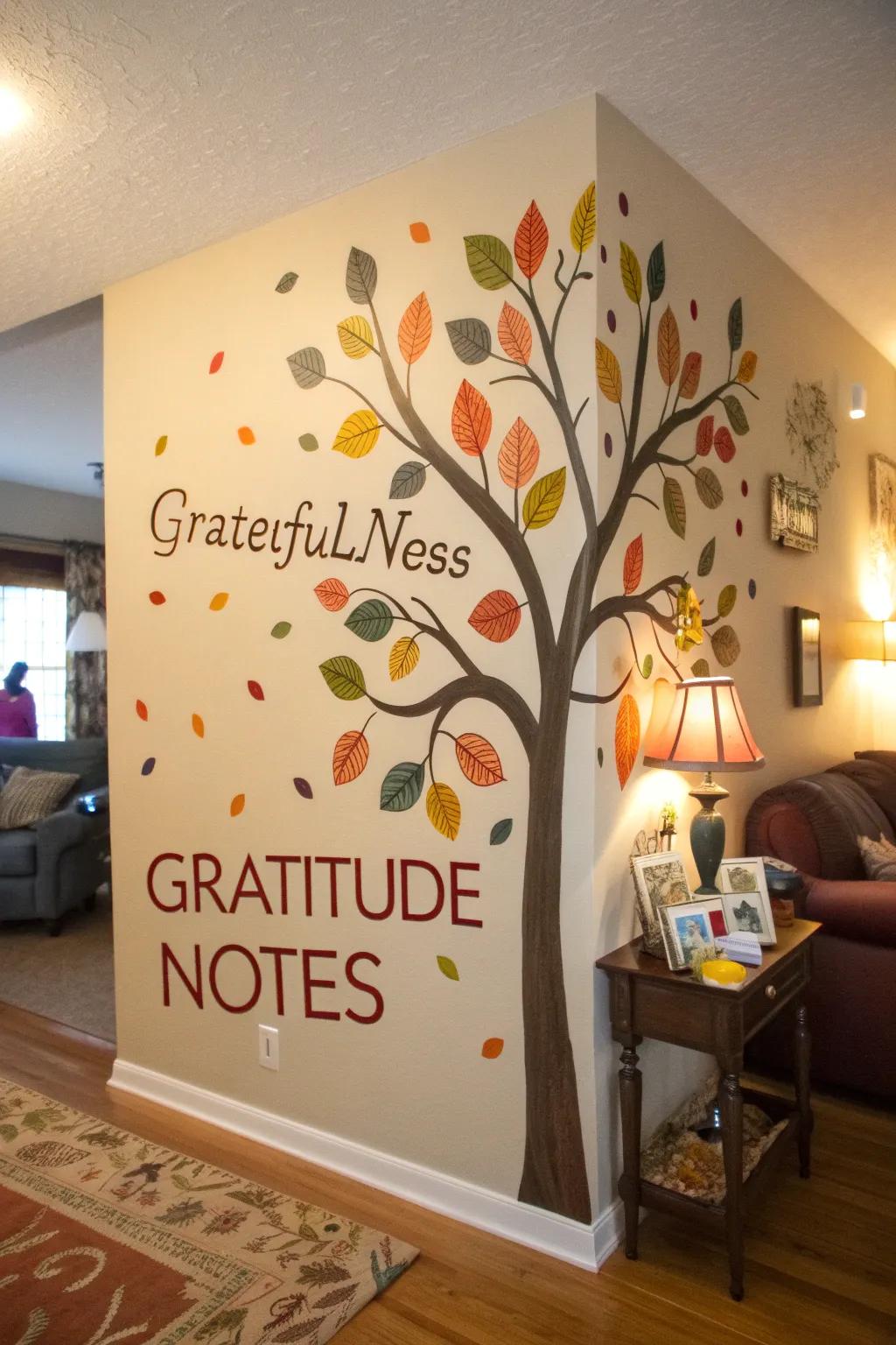 A tree of gratitude with leaf-shaped notes.