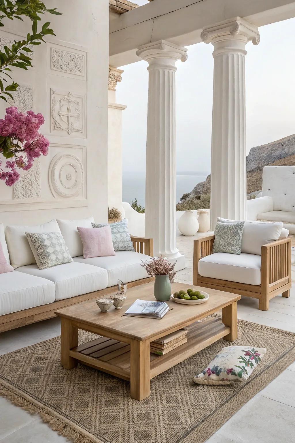 Simple and elegant furniture complements the Greek decor style.