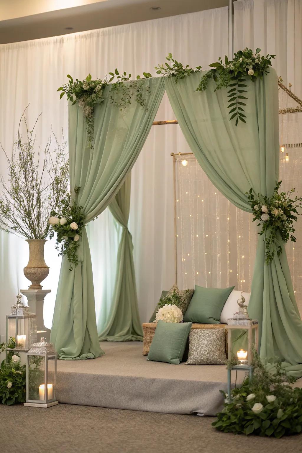 Sage green accents adding elegance to wedding decor.