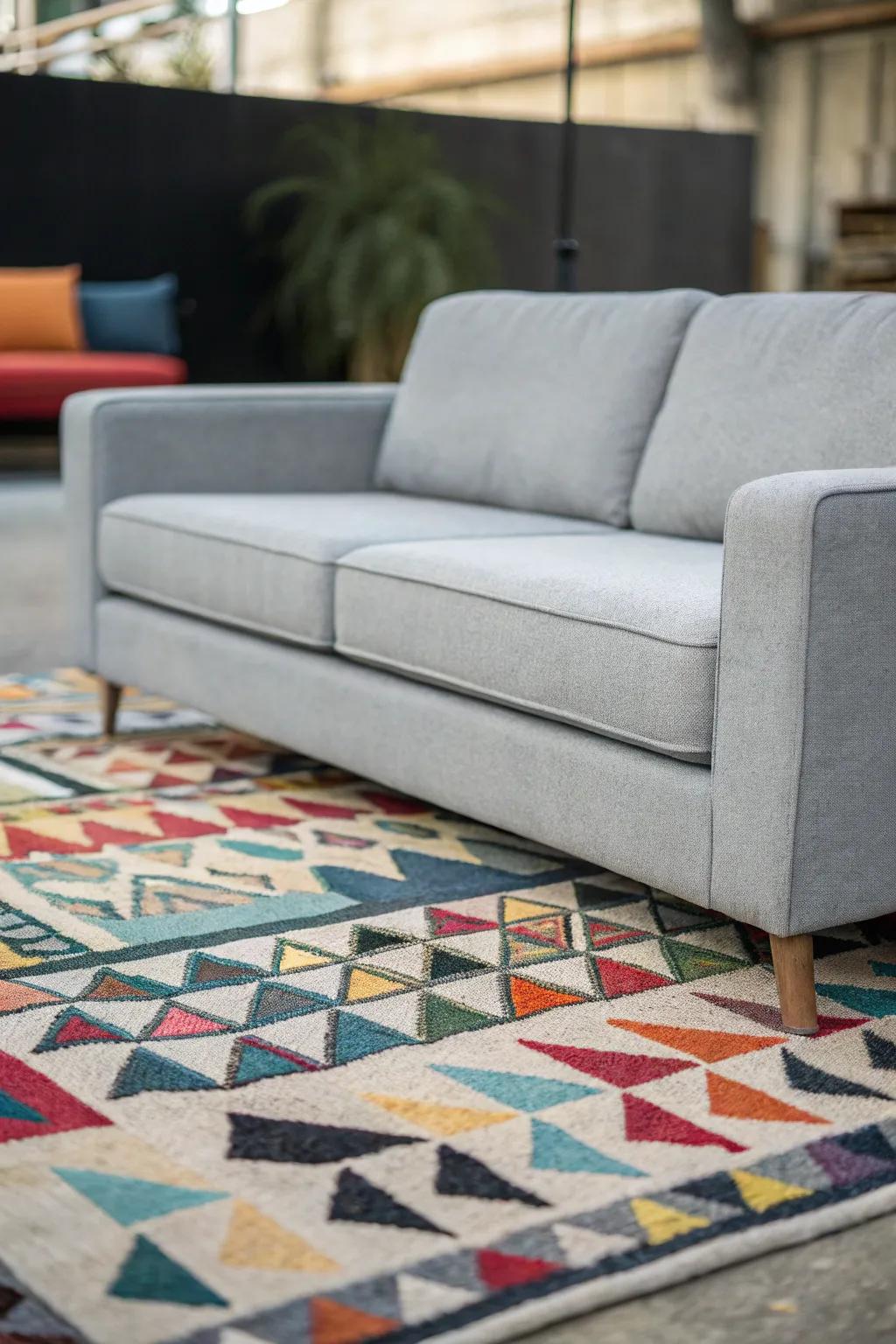 A grey couch grounded by a striking patterned rug.