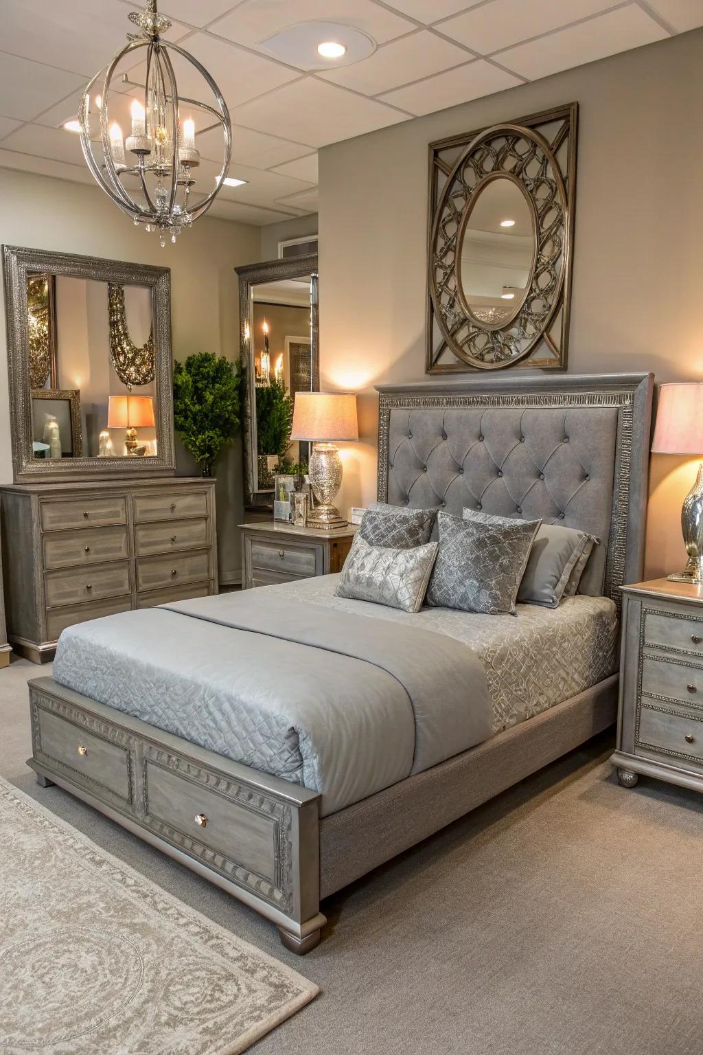 Gleaming accents impart a sense of extravagance to grey furnishings.