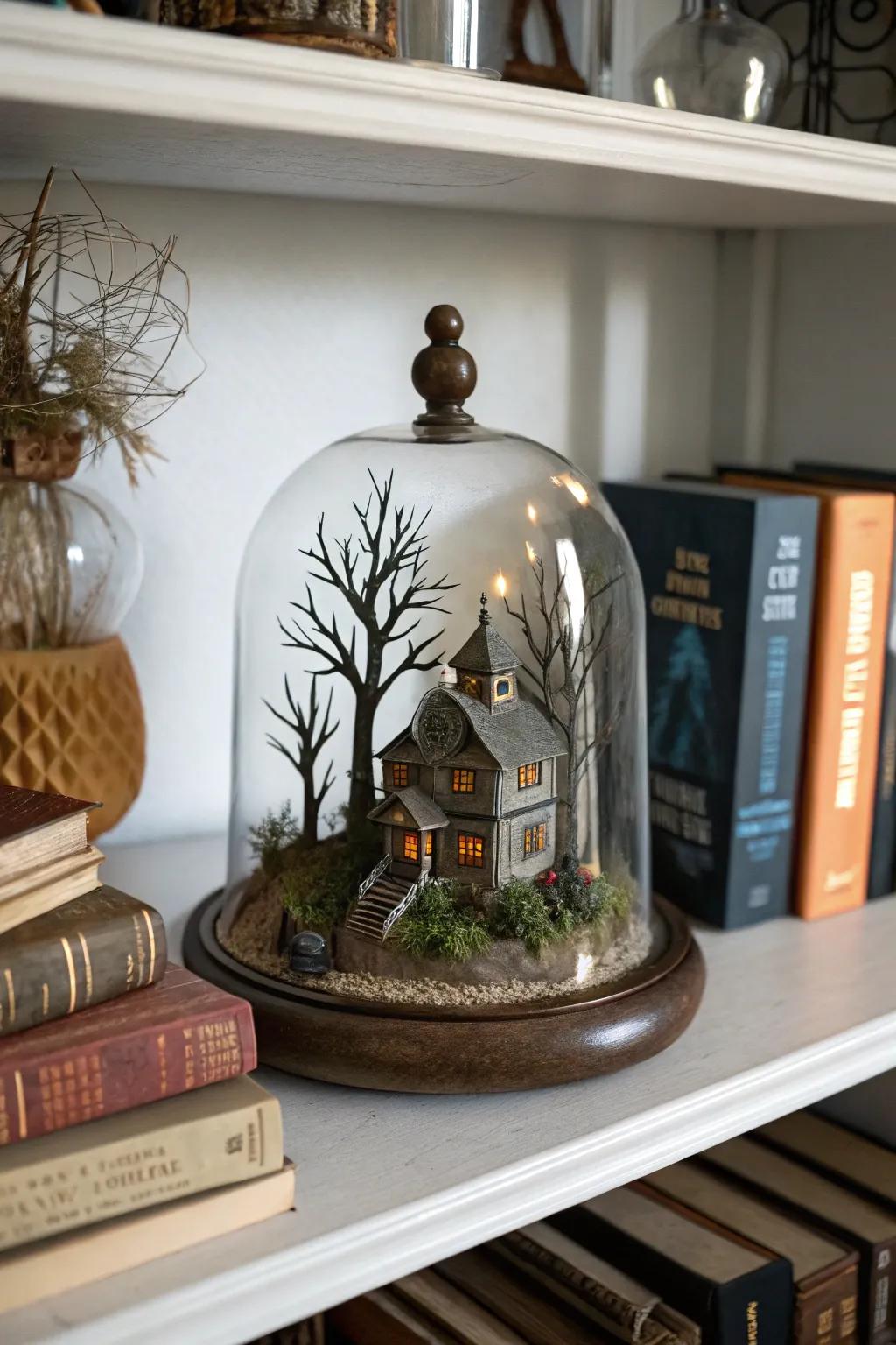 A mysterious haunted house scene under a cloche.