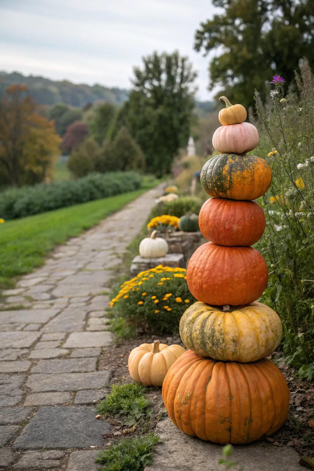 Craft a striking display with a multi-gourd spire.