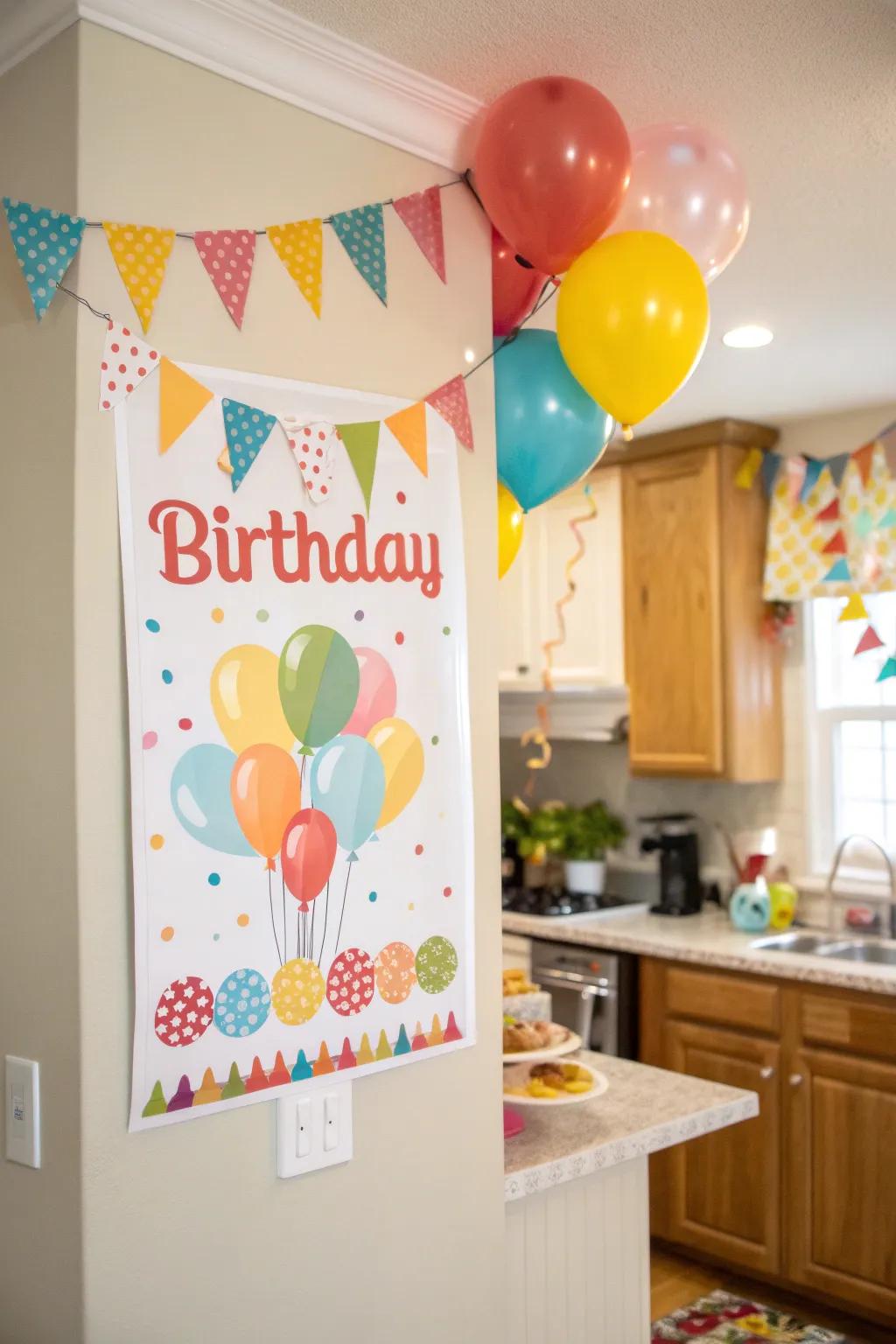 Banners and flags bring a playful touch to birthday posters.