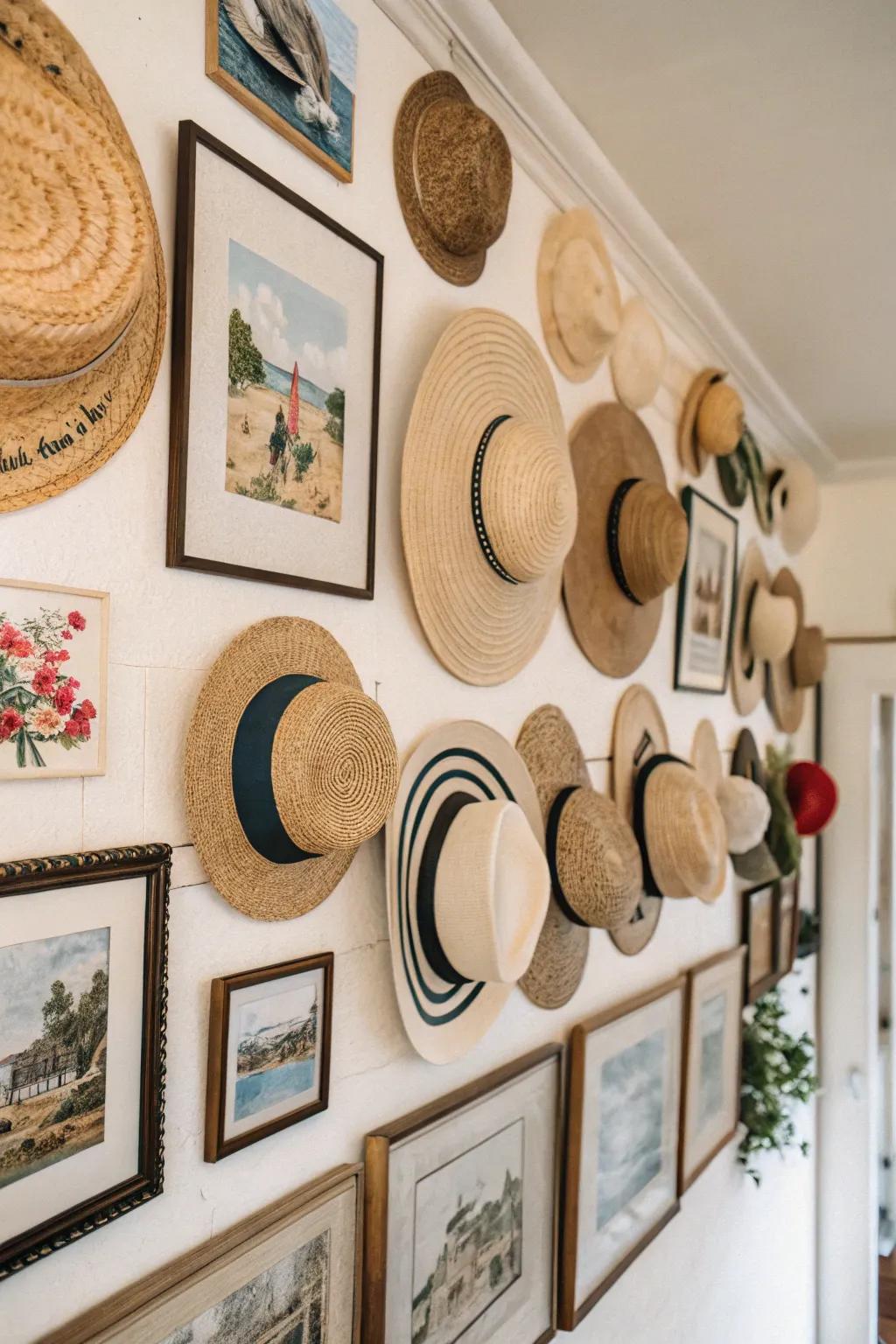 Incorporate framed artwork for a harmonious hat presentation.