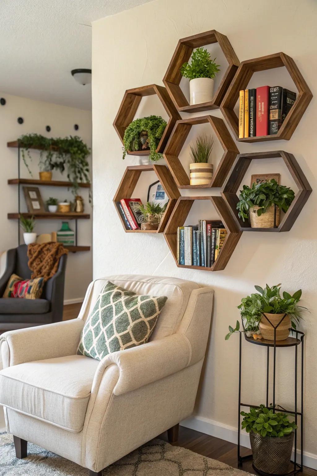 Hexagon shelves offer both style and functionality.