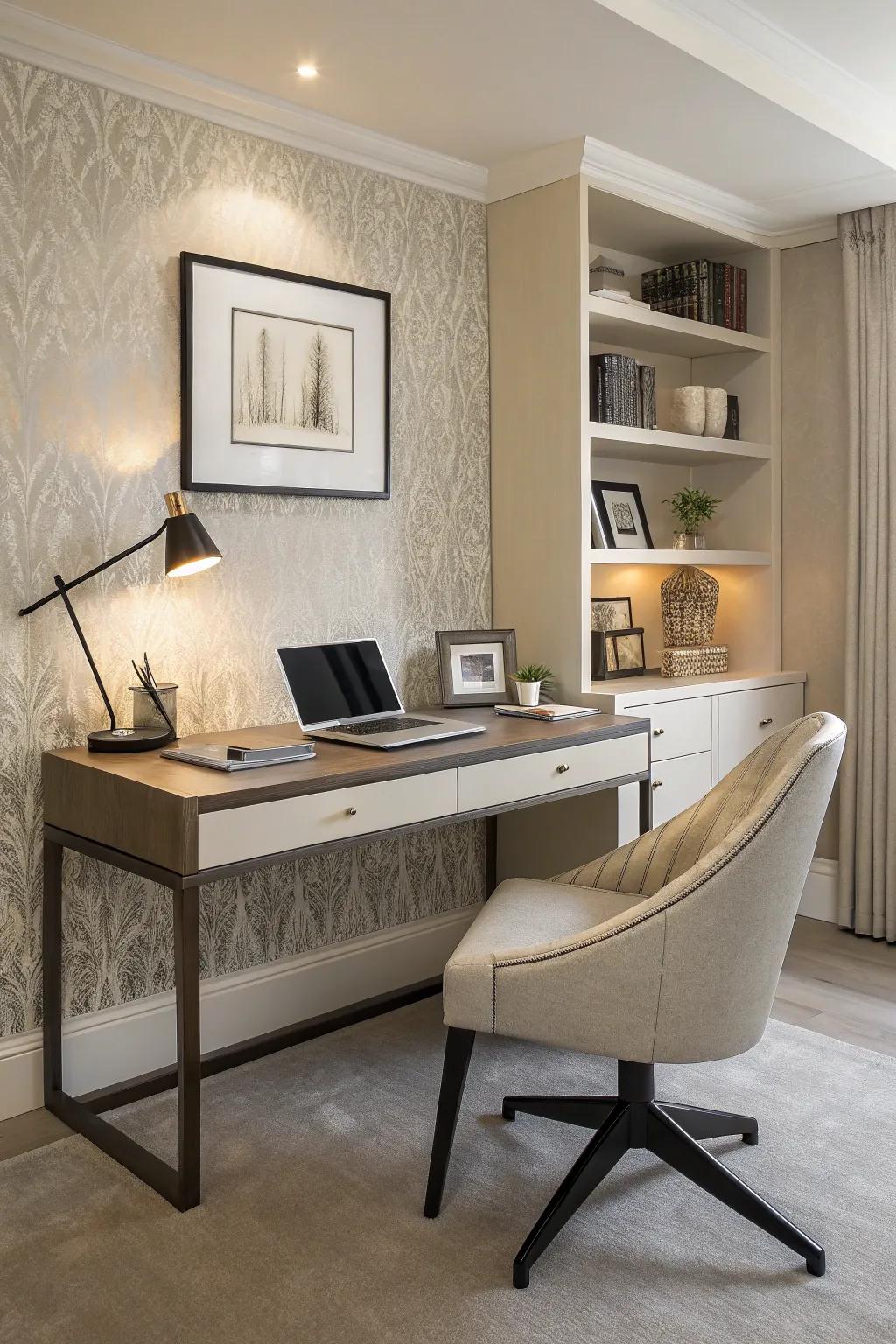 Furniture integration enhances the cohesive look of this home office.