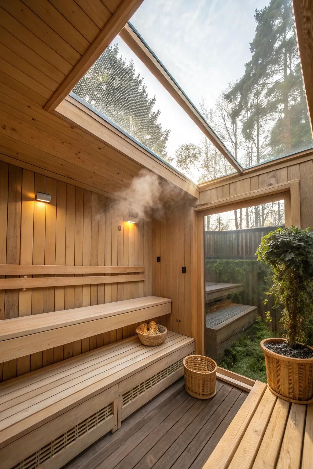 Natural light enhances the serene atmosphere of this home sauna.