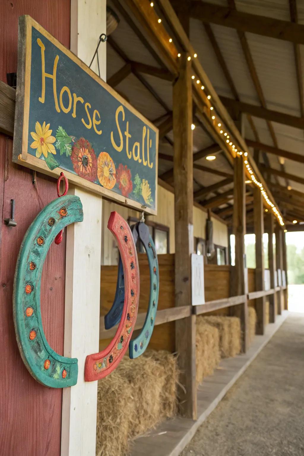 Whimsical painted horseshoes on a stall sign.