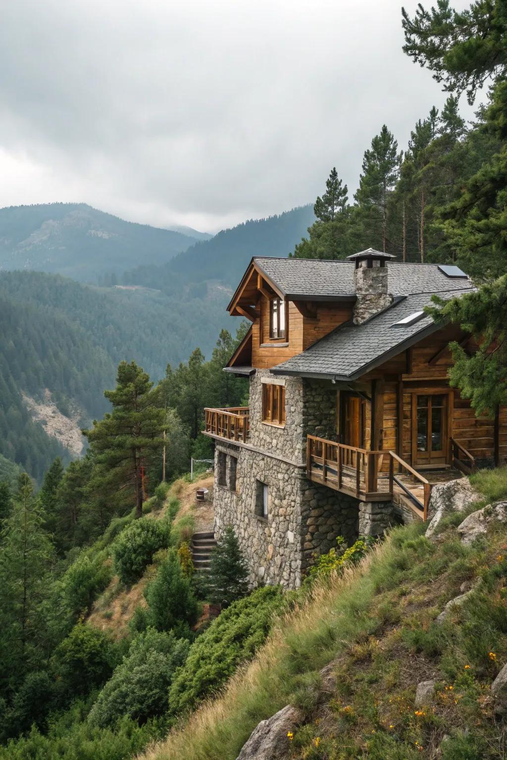 A home that is in harmony with its natural environment through the use of wood and stone.