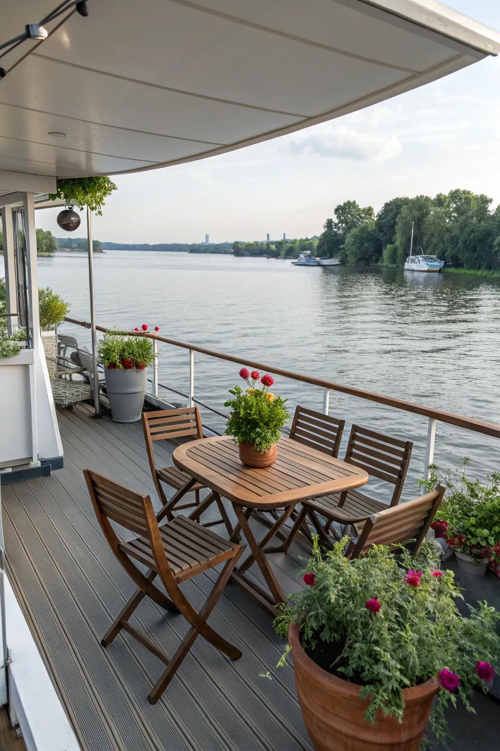 A welcoming deck space for relaxation and entertaining on a houseboat.