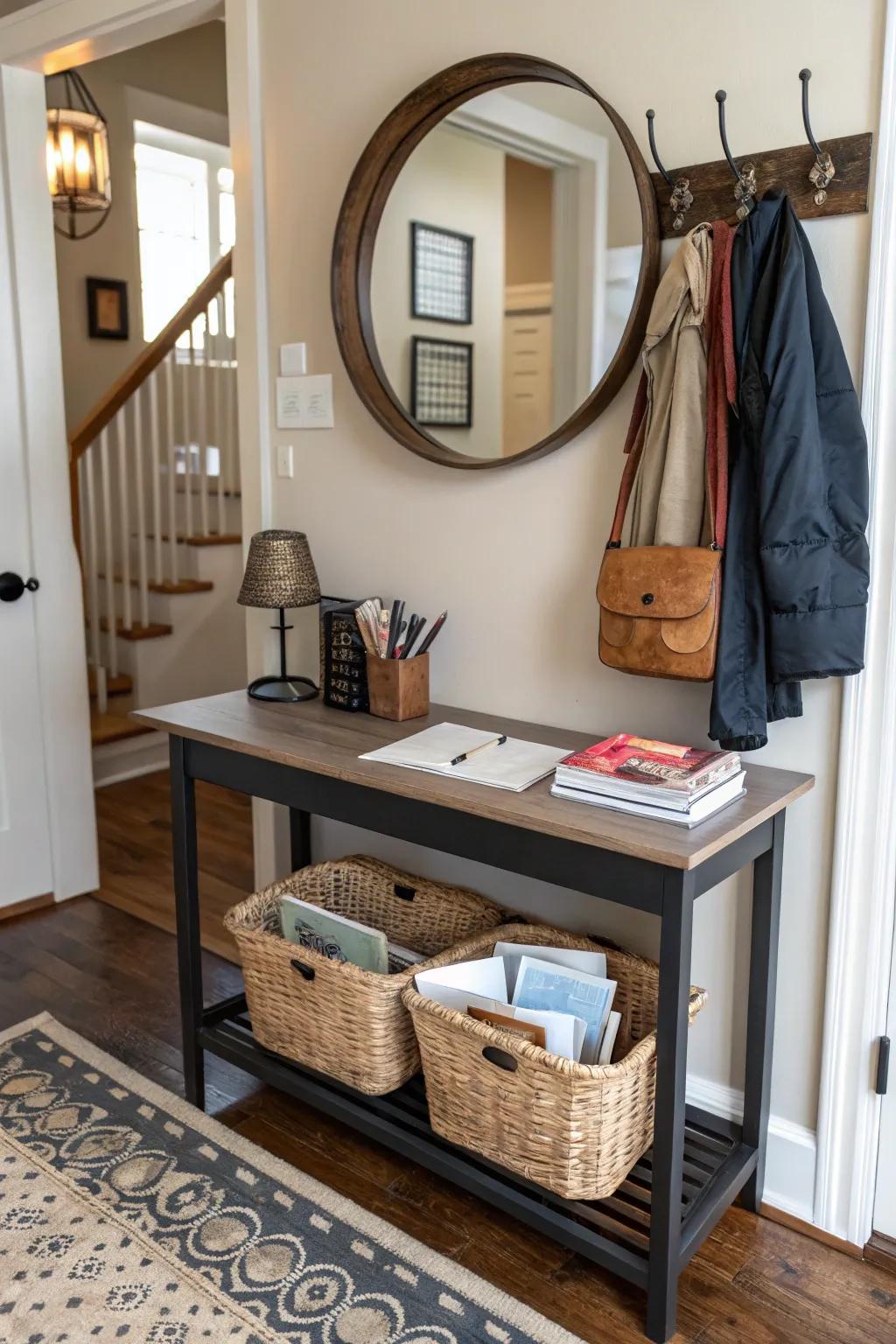 Foyer baskets allow essentials to remain in one spot.