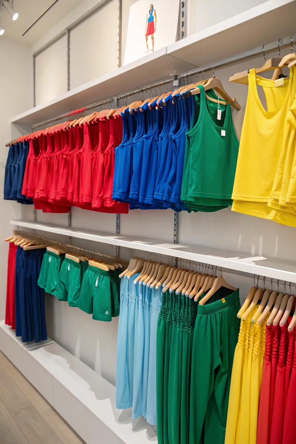 Color-coordinated workout attire for an aesthetically pleasing closet.