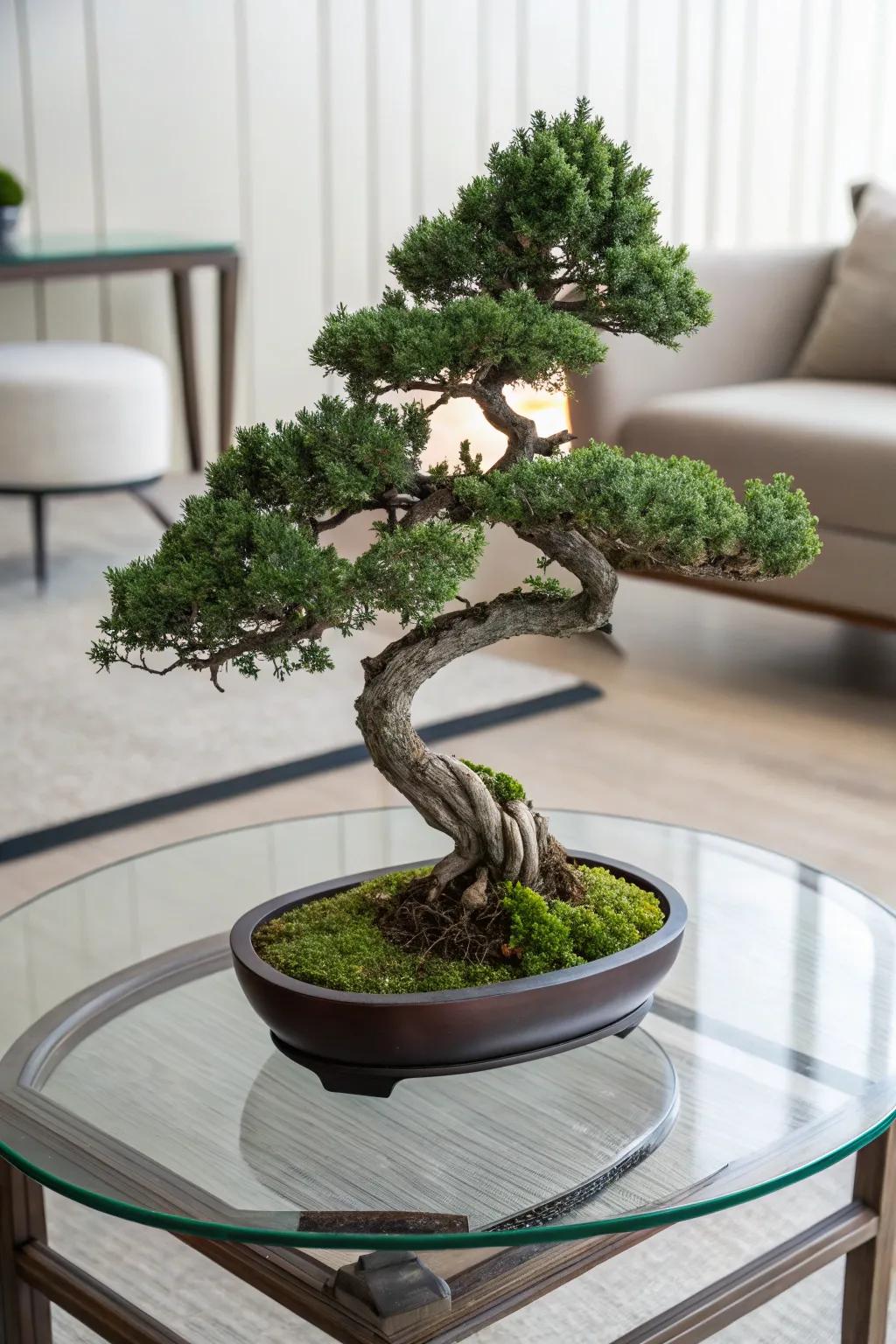 A half-waterfall juniper bonsai enhancing the refinement of a chic glass parlor table.