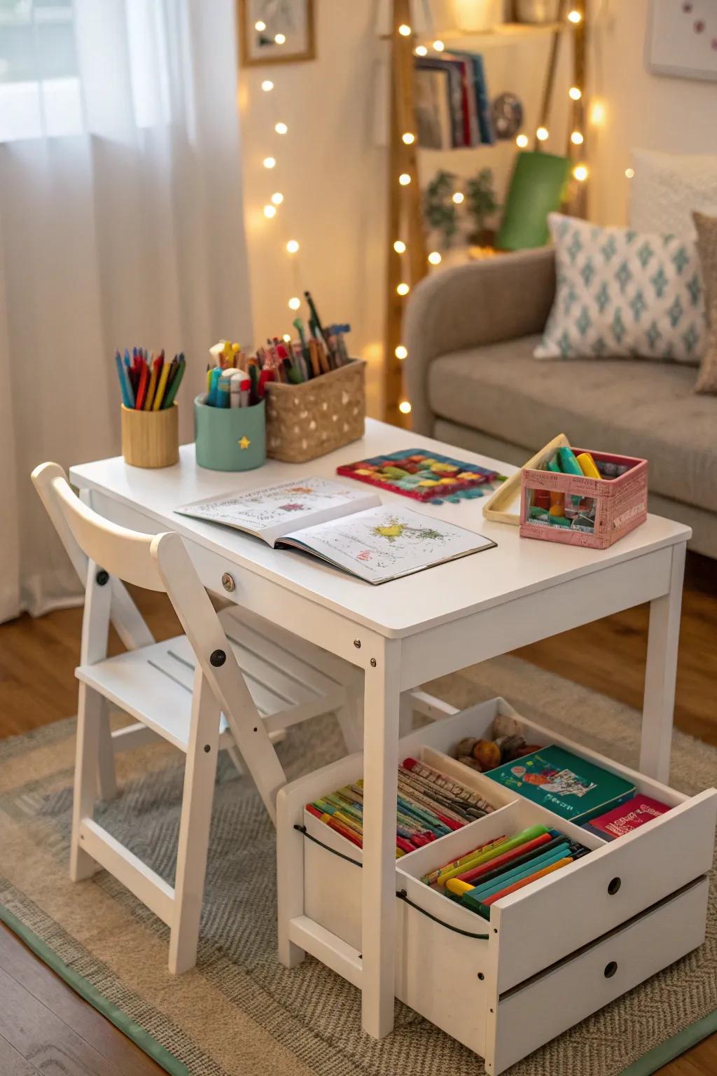 A multipurpose table serving both as a study spot and an area for activities.