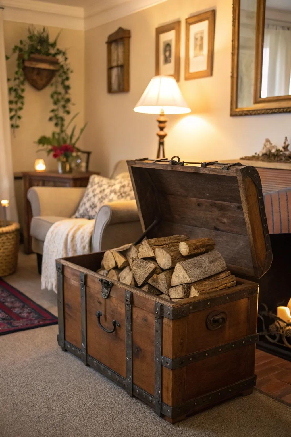 Vintage wooden trunks add a nostalgic touch to kindling storage.