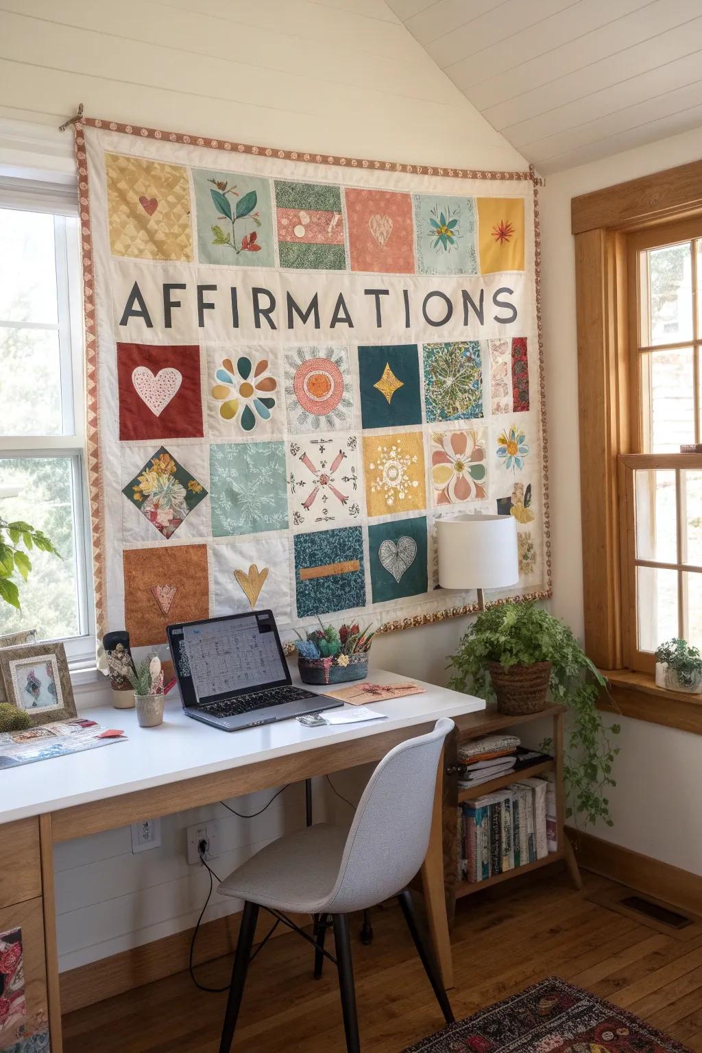 A home office kindness quilt bulletin board with colorful squares and affirmations.