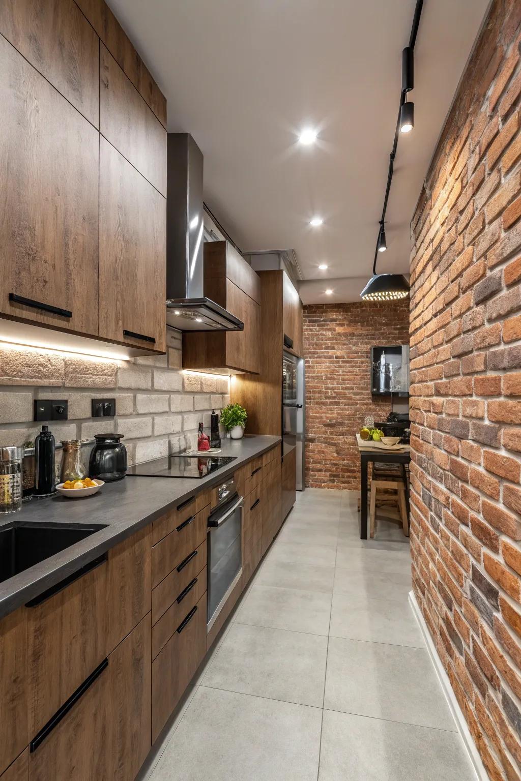 Faux brick panels bring industrial charm to your kitchen without the mess.