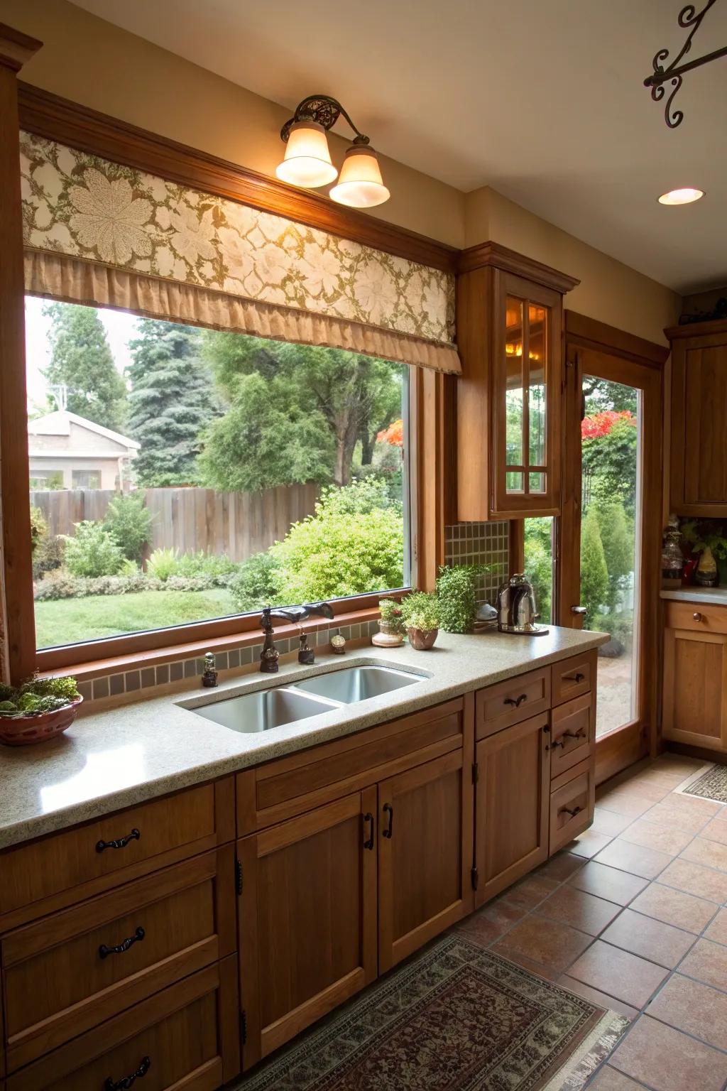 Awning windows situated above the sink supply fresh air and scenic view, enriching the kitchen's appeal.