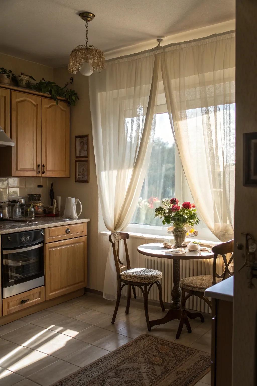 Sheer curtains create an open and airy kitchen environment.