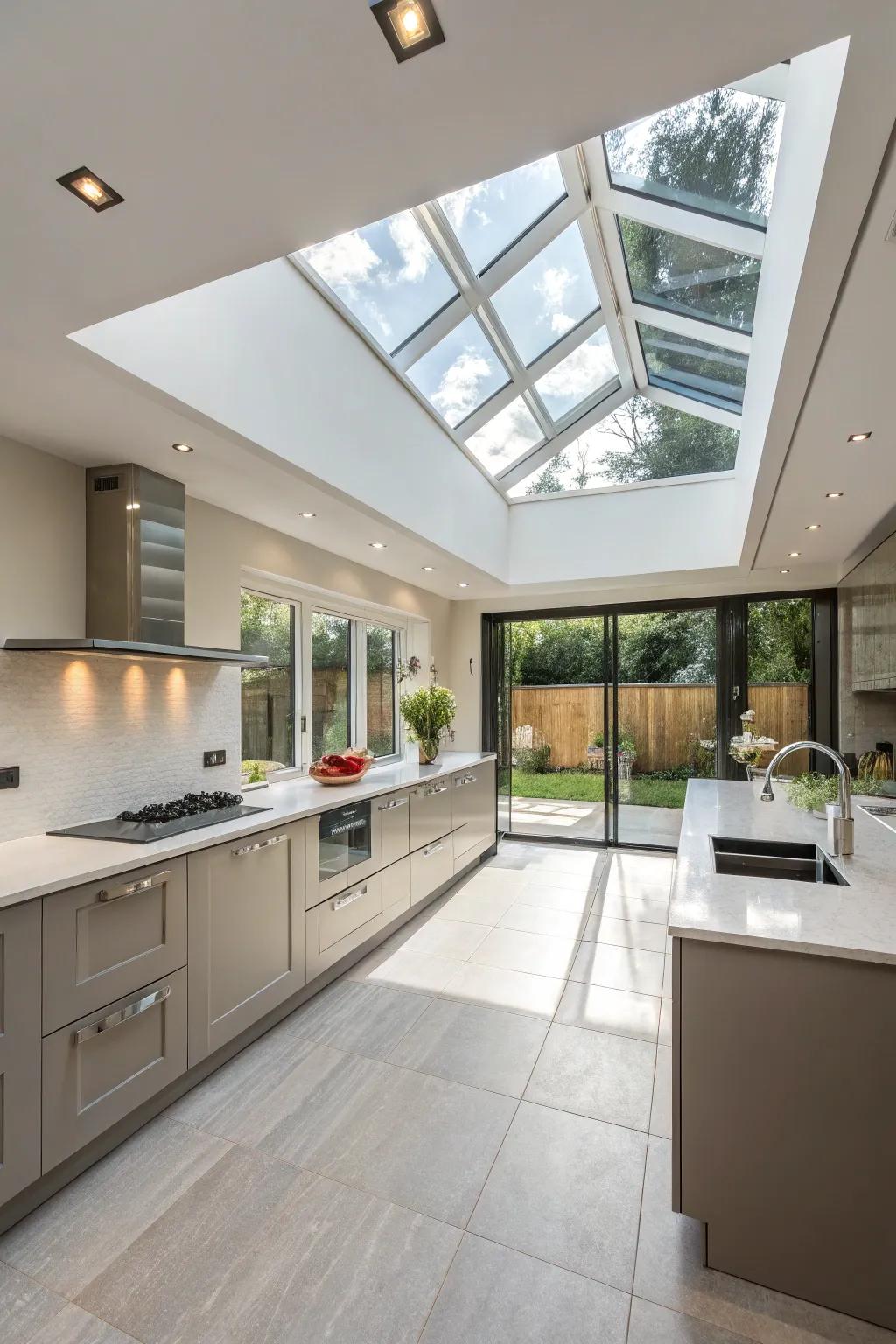 Skylights are smartly positioned to amplify kitchen functionality and charm.