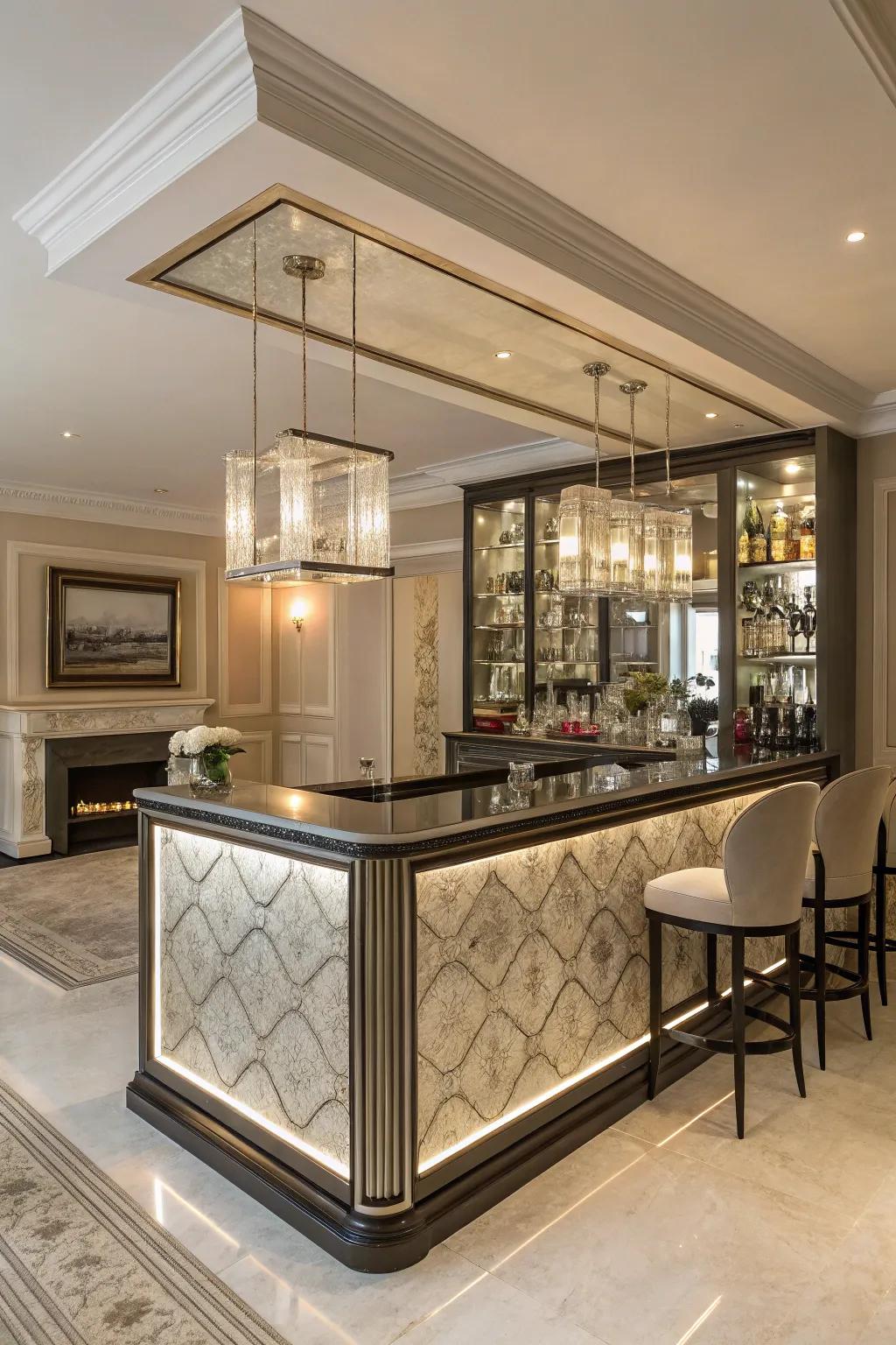 A mirrored backsplash introduces glamor to this polished bar.