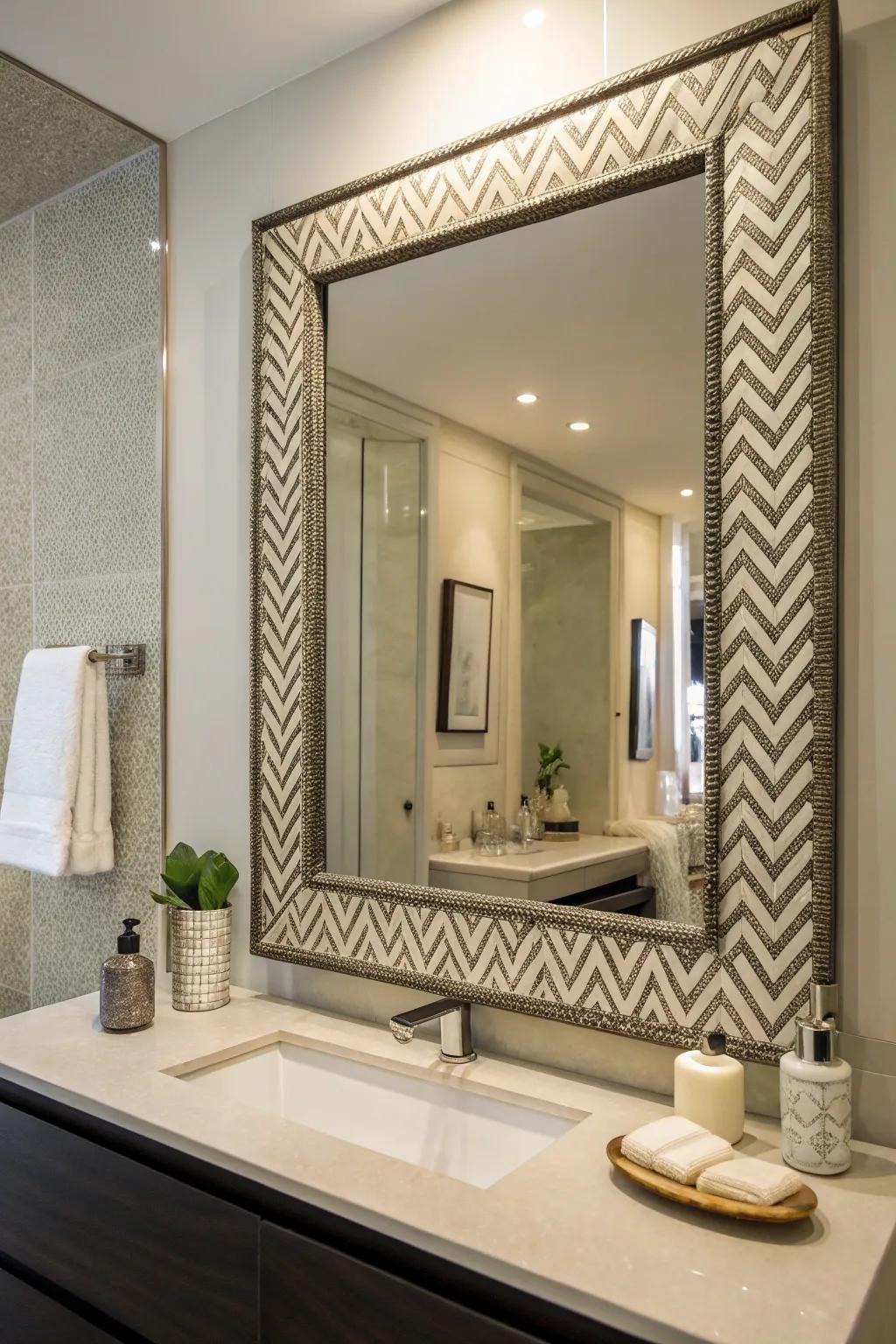 Herringbone designs contribute structured sophistication to bathroom mirrors.