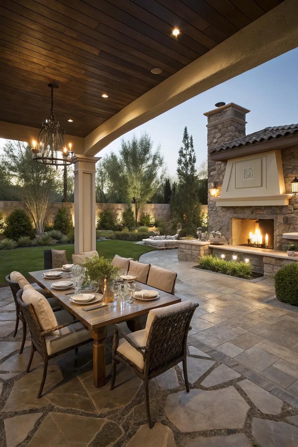 Elegant patio dining area with stone flooring in a Las Vegas backyard.