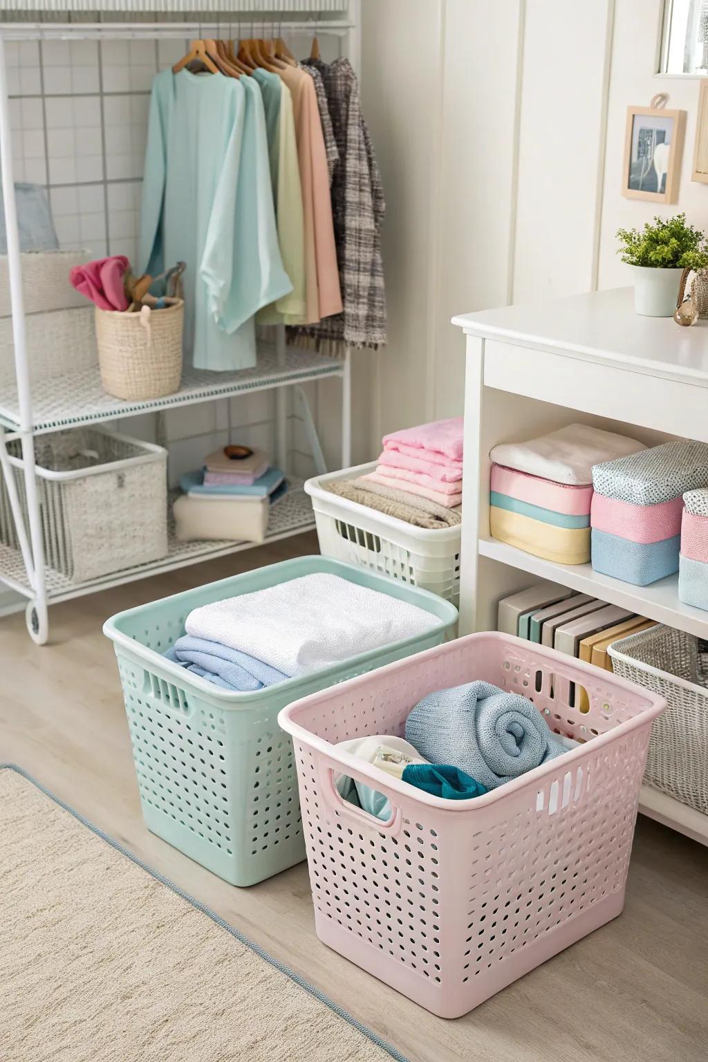 Stylish baskets and bins make sorting laundry a breeze.