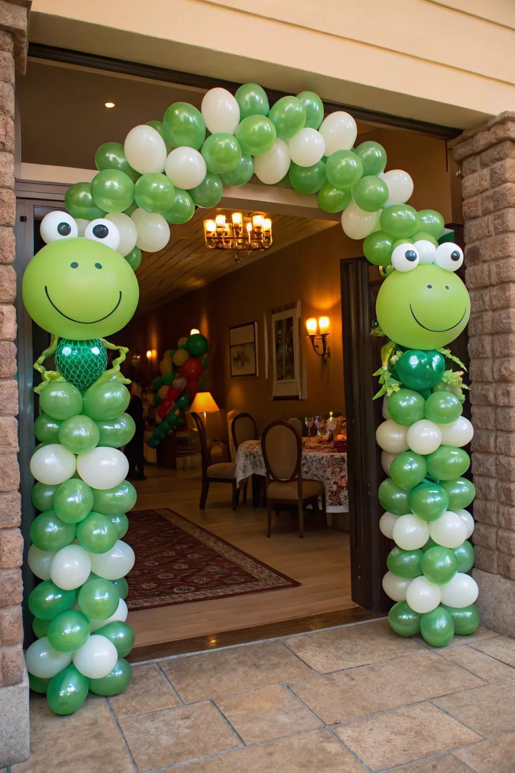 Amphibian air balloons infuse a whimsical charm to your party threshold.