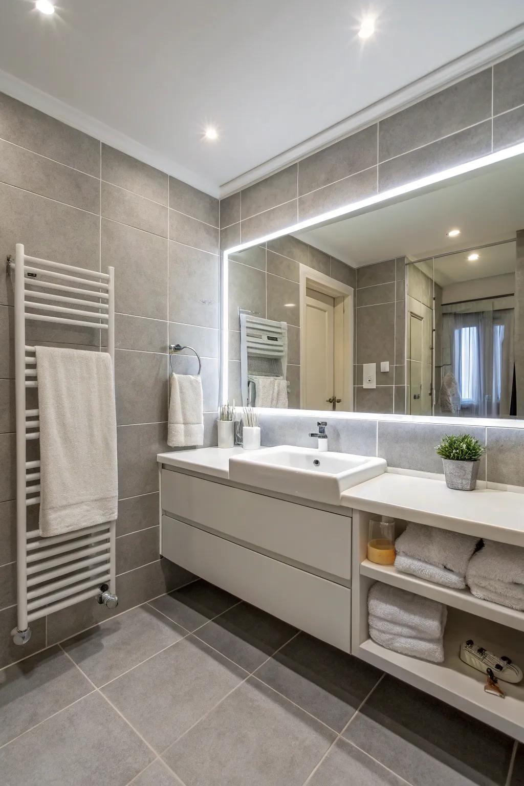 Soft grays provide depth and sophistication in a light bathroom.