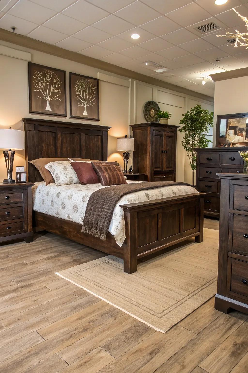 Ebony furnishings designing contrast with pale timber flooring.