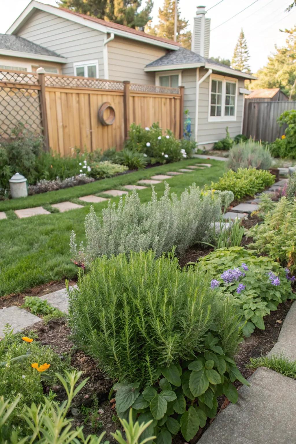 A lush garden with flea-repelling rosemary and sage.