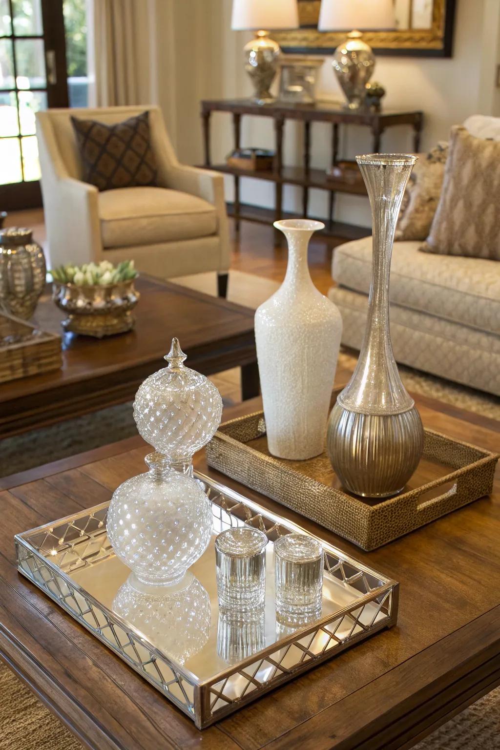 Lucite accents add a touch of modern elegance.