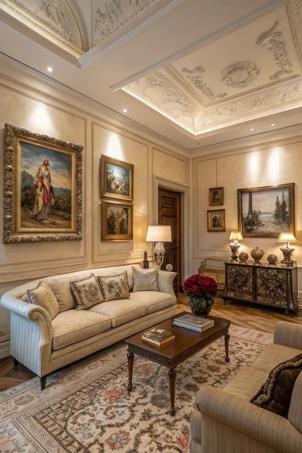 Tasteful artwork enhances the sophistication of this living room.