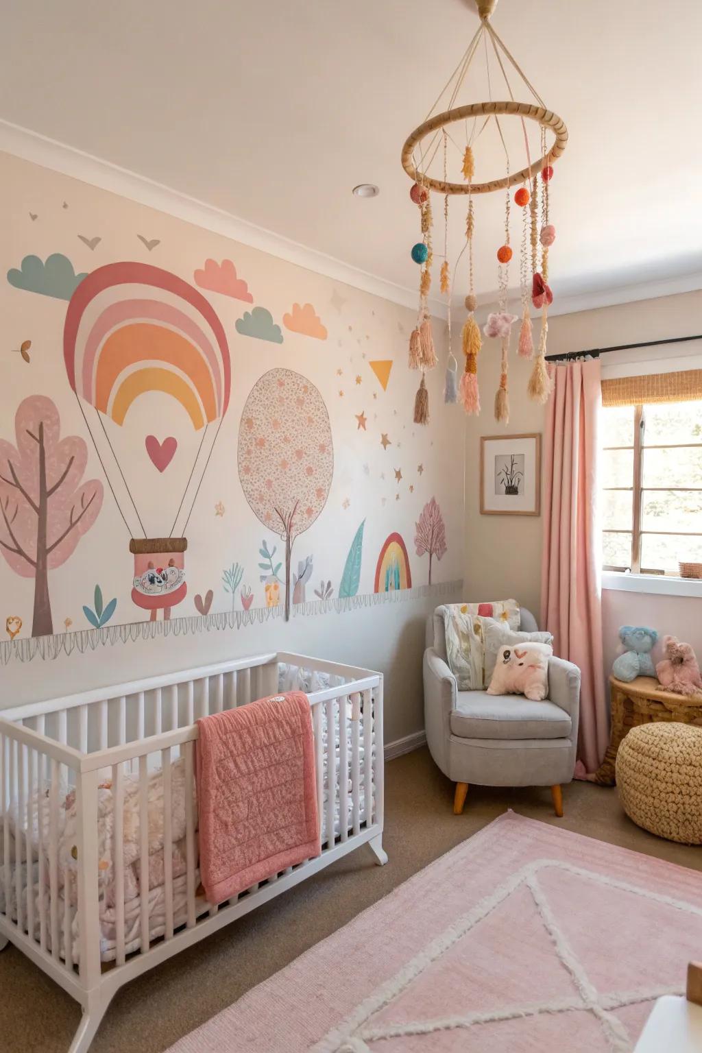 A nursery with unique decorative elements like a large wall art piece and a whimsical mobile.