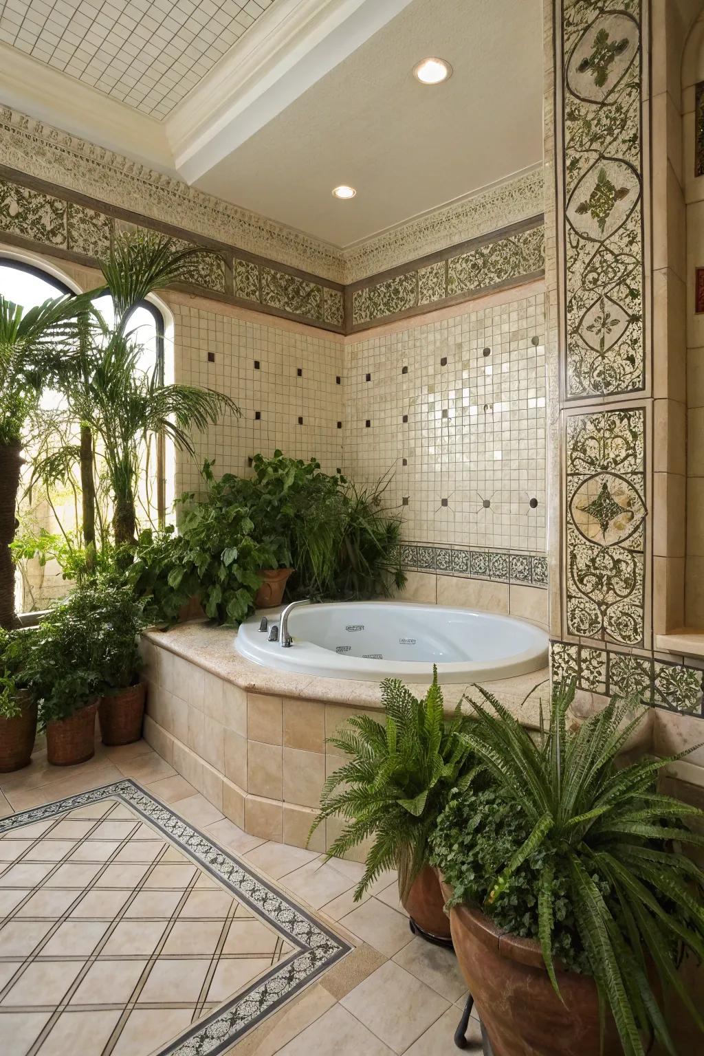 Ornamental accents enrich the character of this primary bathroom.