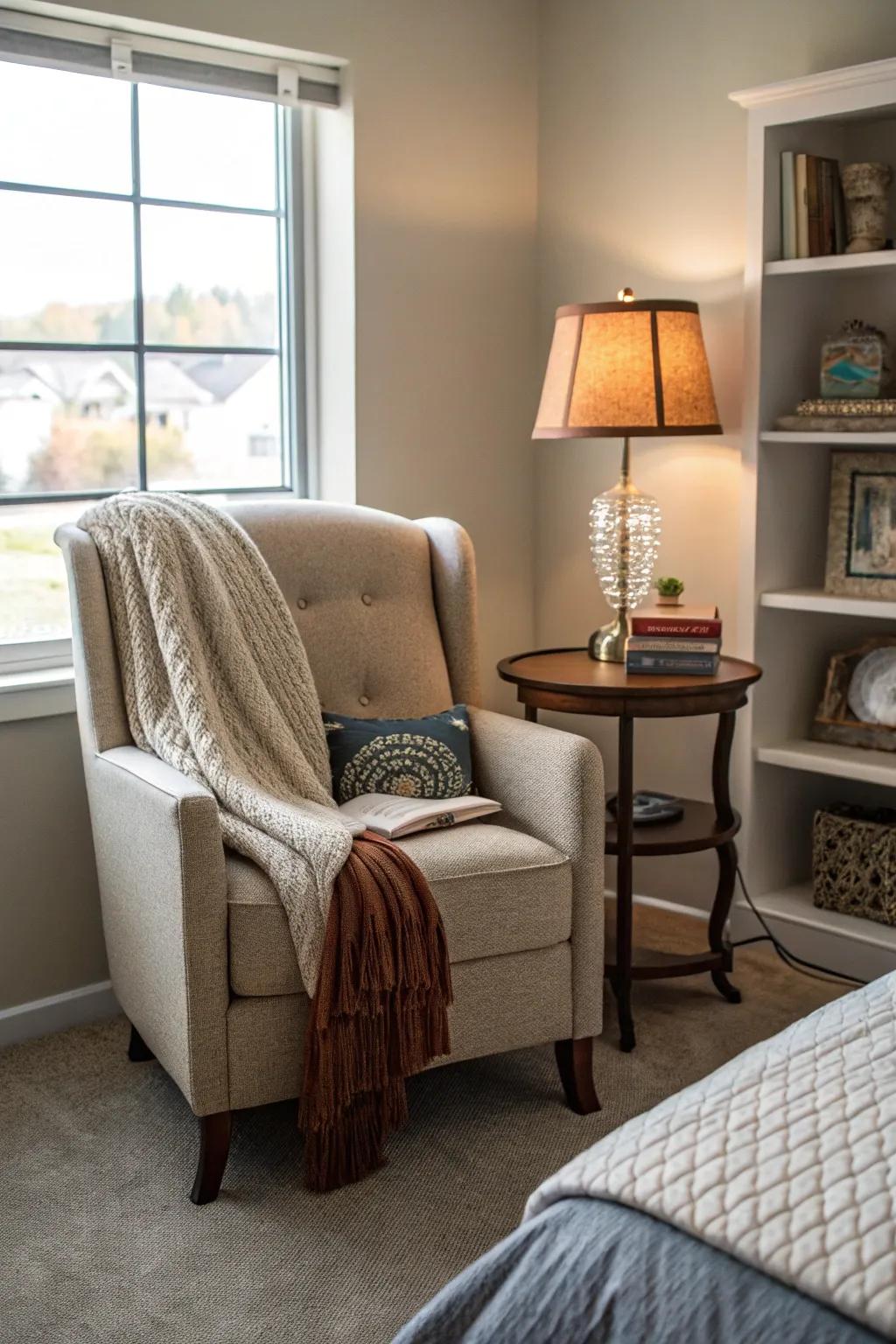 A cozy bedroom corner with an armchair and a small table.