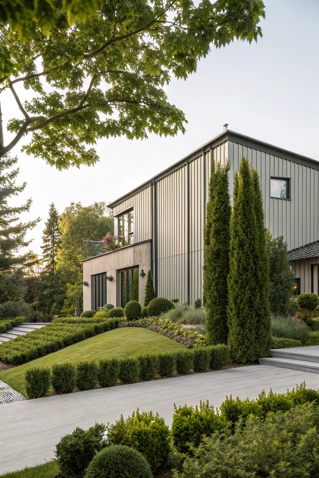 An elegant house with vertical metal cladding, enhancing its stately presence.