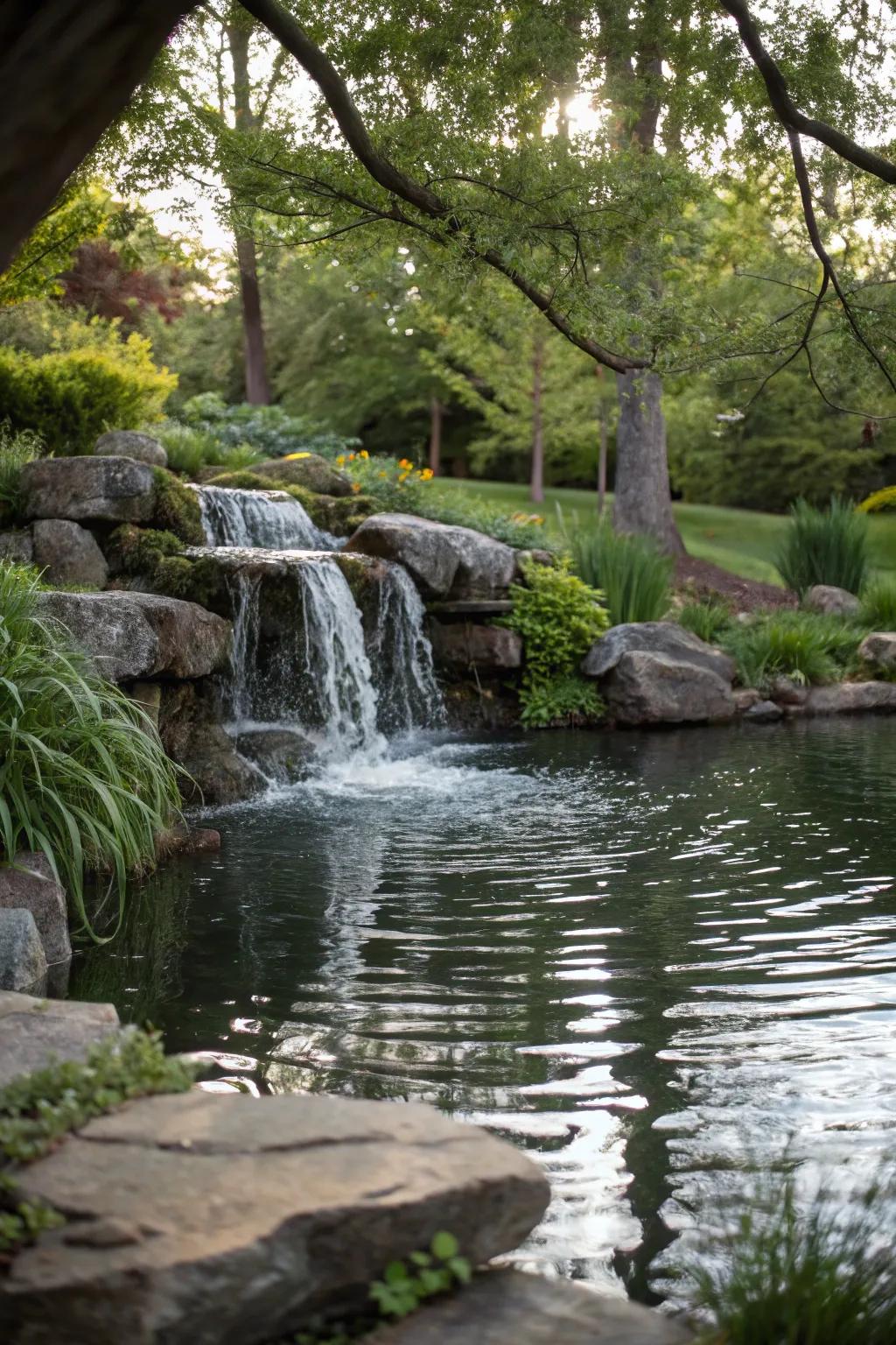 A mini pond with a cascading waterfall feature for added tranquility.