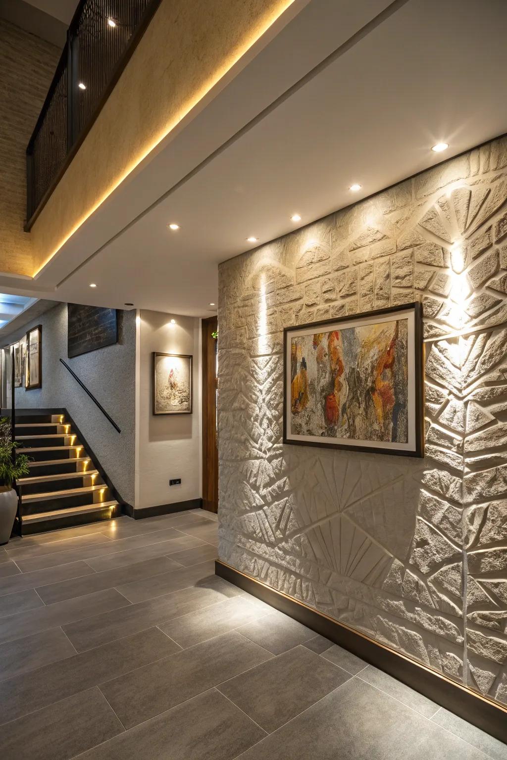 Emphasized illumination highlights textures and art, adding depth to the basement.