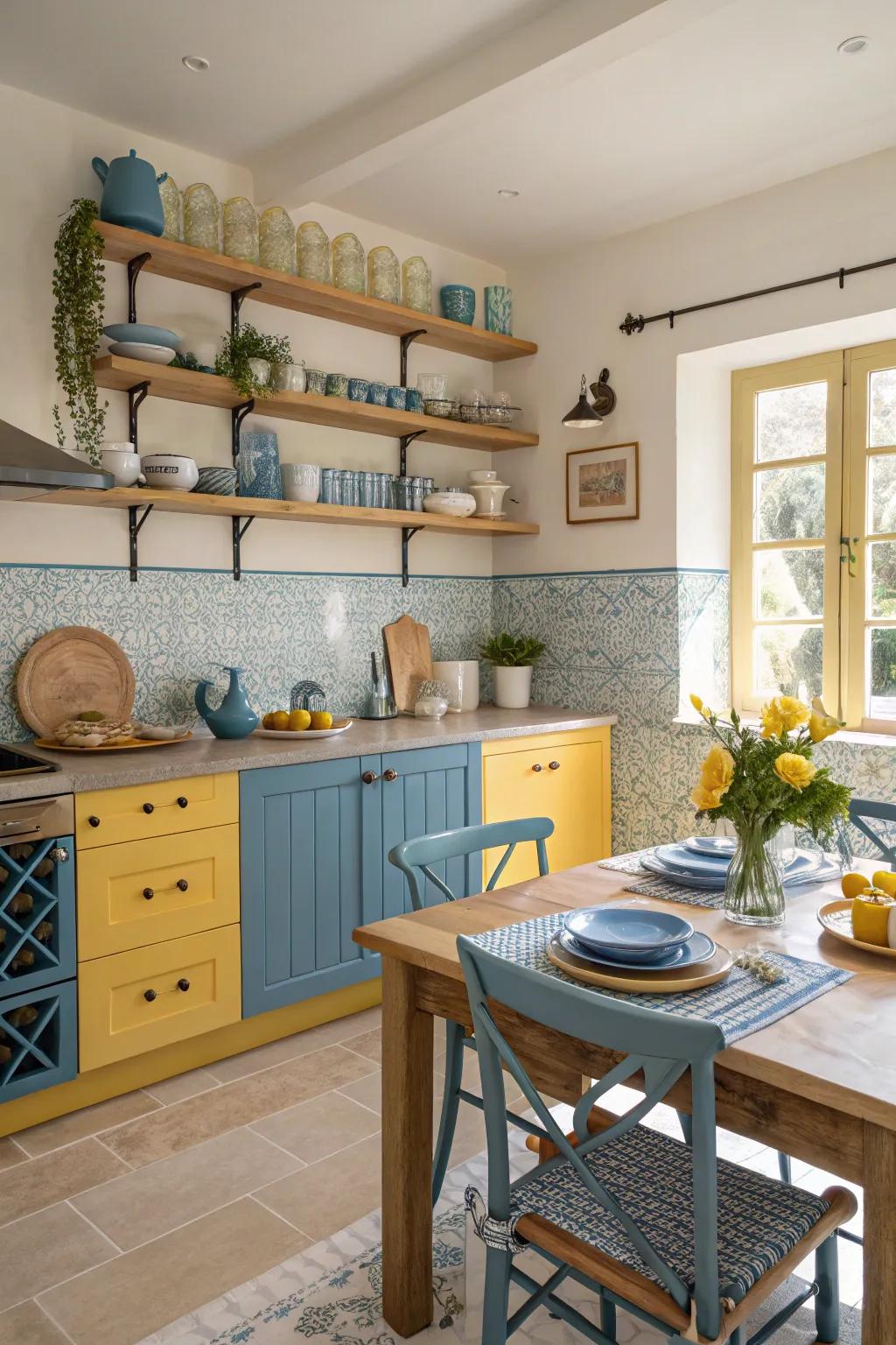 Natural wood features contribute warmth to the vibrant color palette.